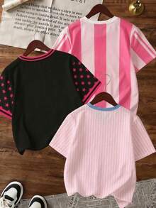 少女休闲圆领卡通字母印花短袖T恤，百搭日常穿着 - 彩色 - 查看 2