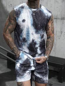 Manfinity Homme Men's Casual Vacation Style Tie-Dye Print Distressed Fabric Tank Top And Elastic Waist Shorts Set - Multicolor - View 7