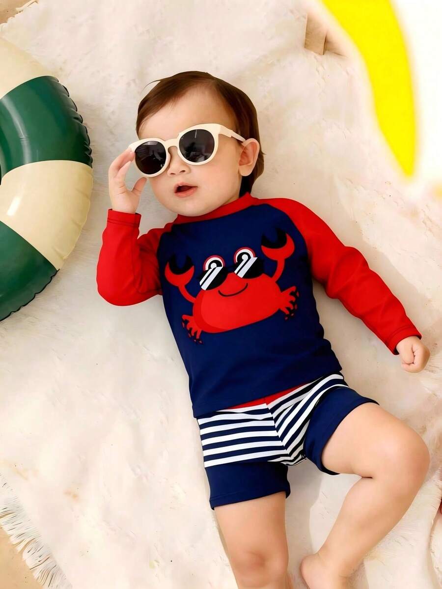 SHEIN 两件套男婴/幼儿泳衣套装,可爱卡通鲨鱼印花撞色长袖针织上衣和泳裤,分体式泳装 - 彩色 - 查看 1