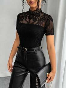 Rafferiza 女士优雅蕾丝短袖衬衫 - 黑色 - 查看 3