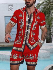 VENTUSAIL Men's Leisure Vintage Print Short Sleeve Shirt And Shorts Set, Holiday - Red - View 1