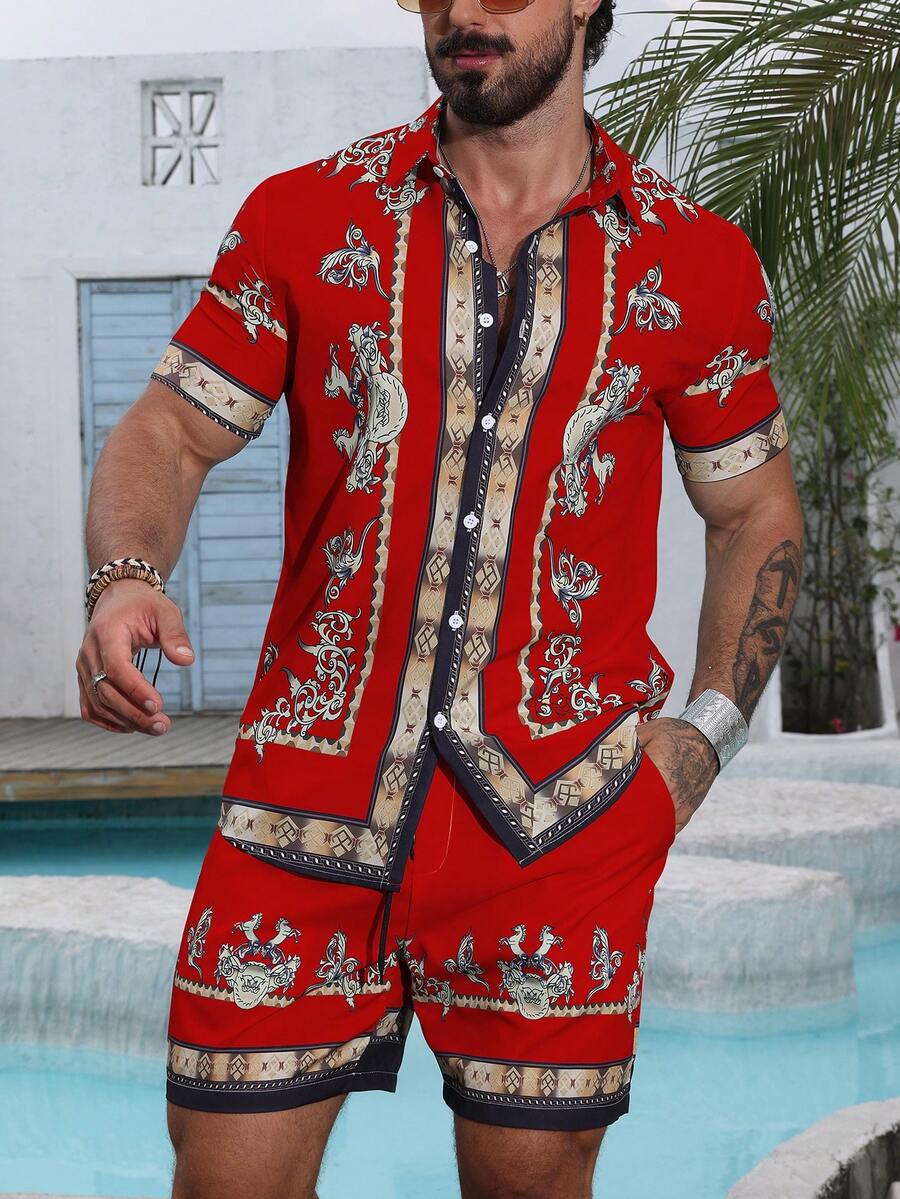 VENTUSAIL Men's Leisure Vintage Print Short Sleeve Shirt And Shorts Set, Holiday - Red - View 1