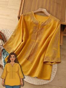 Rusticease Plus Size Women's Casual White Hollow Embroidery Blouse,Fall Clothes - Yellow - View 2