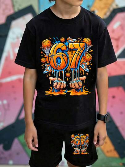 1 Set Tween Boy Casual Comfortable Fashion Minimalist Versatile Creative Colorful Graffiti Basketball & Sneaker Print Short Sleeve T-Shirt And Shorts 2-Piece Outfit, Suitable For Boys To Wear Outdoors And Sports