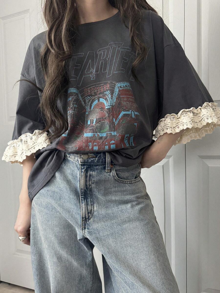 FRIFUL Women's Casual Loose Fit Letter Print Lace Patchwork Short Sleeve T-Shirt, Breathable Cotton, Versatile For Spring/Summer Oversized Graphic Tees Women - Grey - View 1