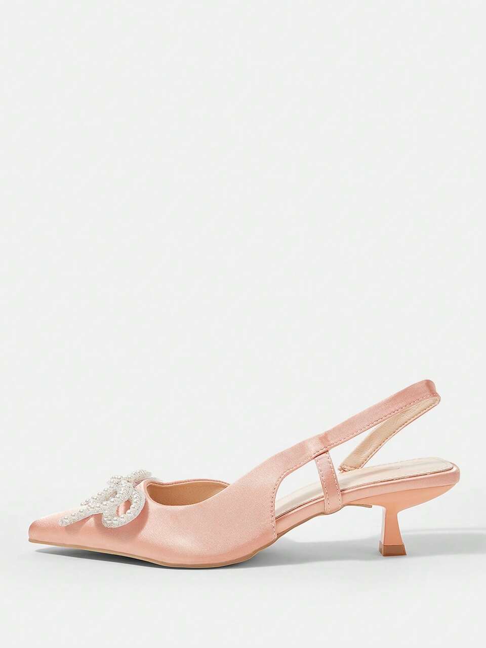 CUCCOO HITCHD Women's Elegant High-Heel Pumps, Pointed Toe With Rhinestone, Pearl & Bow Decor, Satin Shallow Pink Color, Suitable For Wedding Bride, Bridesmaid, Guest, Party
