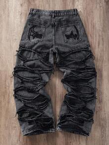 Manfinity Joysei Men's Casual Distressed Frayed Hem Dark Grey Denim Jeans - Black - View 2