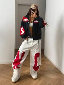 StreetHx Chaqueta vaquera casual de mujer con bloqueo de color, estampado de letras, manga larga y hombros caídos con un solo botonadura - Multicolor - Ver 5