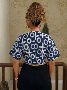 Levarali Plus Size Women Geometric Pattern Front Tie Short Sleeve Cropped Shirt - Multicolor - View 2