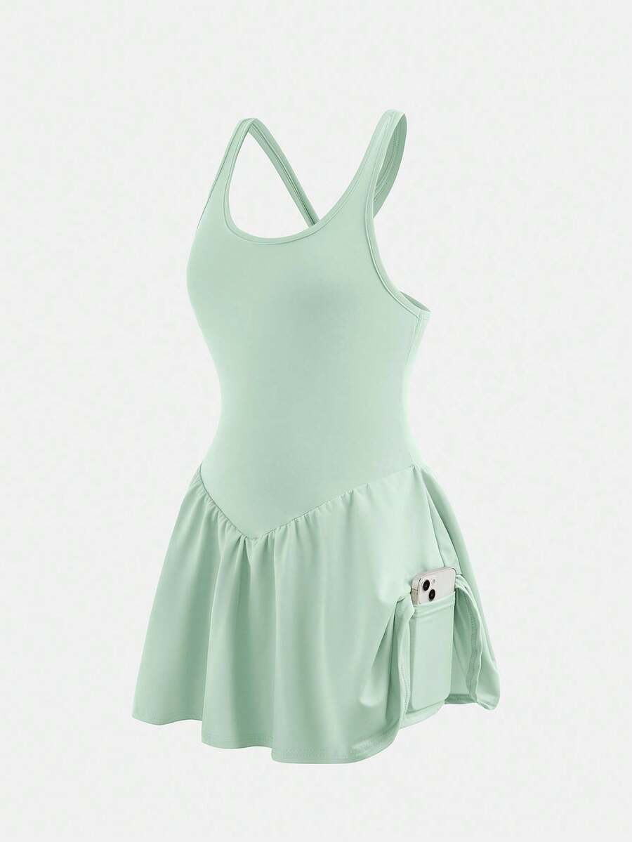 Gaun Olahraga Kasual Polos Model Racerback dengan Tali Silang untuk Anak Perempuan Remaja - Hijau - View 1