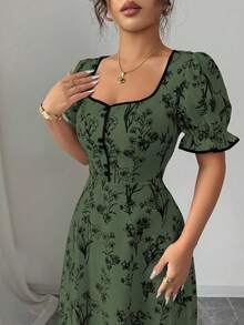 Elenzga 女士复古优雅印花A字型方领长裙，适合休闲、度假、日常穿着和聚会，春夏款 - 軍綠色 - 查看 4