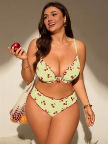 Swim Mod Plus Size Women 2pcs/Set Random Print Padded Tankini Swimwear Set - Light Yellow - View 4