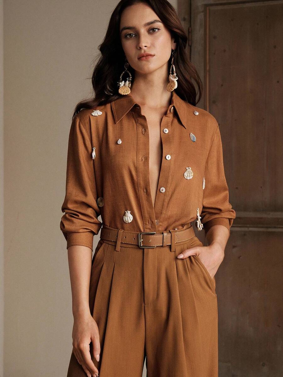 Anewsta 女士新款休闲宽松手工珍珠贝壳吊坠百搭度假风长袖衬衫 - 棕色 - 查看 1