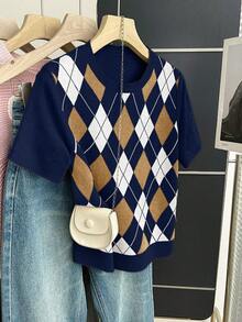 Franclia New Arrival Spring/Summer Retro College Style Colorblock Plaid Knit Pullover Sweater For Women - Navy Blue - View 6