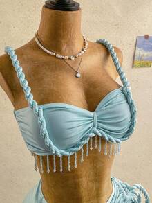 Soleia Spring/Summer New Casual Vacation Western Beach Wedding Guest Attire Graduation Brunch St. Patrick's Day Spring Break Easter Music Festival Elegant Boho Tropical Sexy Backless Handmade Rope Halter High Slit Skirt Stretchy Knit 2-Piece Set, Blue - Teal Blue - View 3