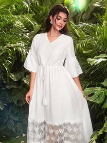 Modelyn Women's White V-Neck Embroidered Lace Patchwork Loose Waist Fit Puff Sleeve Dress - White - View 6