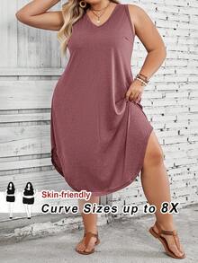 SHEIN CURVE+ Váy vest dáng suông màu trơn dành cho nữ cỡ lớn - màu nâu - Xem 6