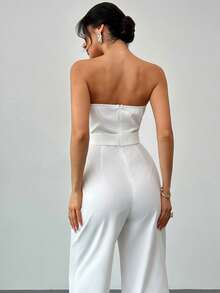 Firerie Bộ jumpsuit trắng ôm sát, thanh lịch, lãng mạn, bất đối xứng, kiểu dáng tối giản mới, thích hợp cho đám cưới, ngày Valentine, đi làm hàng ngày, xếp ly 3D, không tay, ôm dáng, dành cho nữ. - Màu be - Xem 7