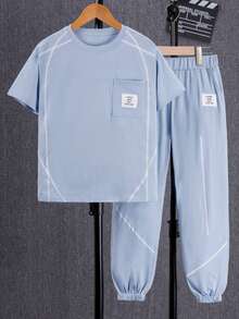 Vacaura 男童休闲白色条纹口袋设计短袖T恤和针织运动裤套装（2件套），春夏款 - 藍色 - 查看 6