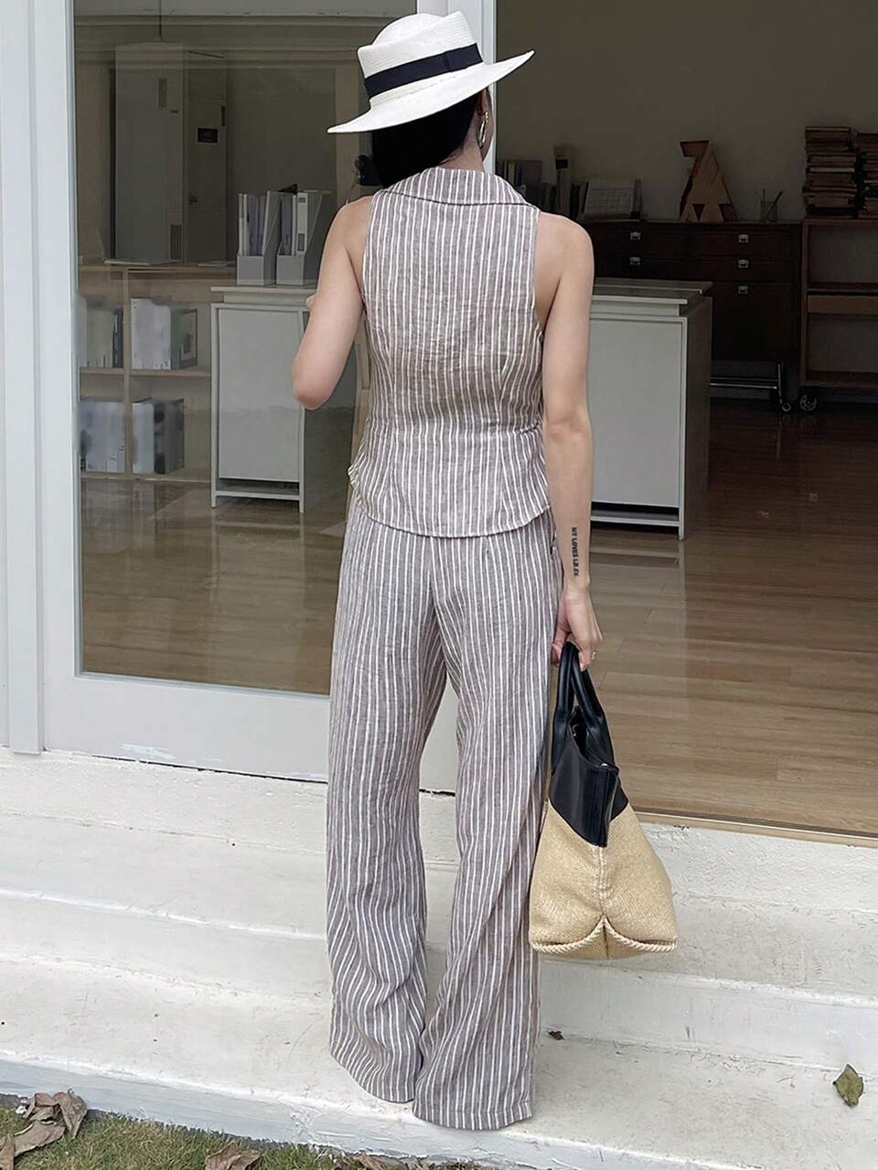 Vintage Striped Drawstring Tie Collar Sleeveless Pullover Shirt And Straight Leg Pants Casual Summer 2-Piece Set For Women Lounge Sets For Women