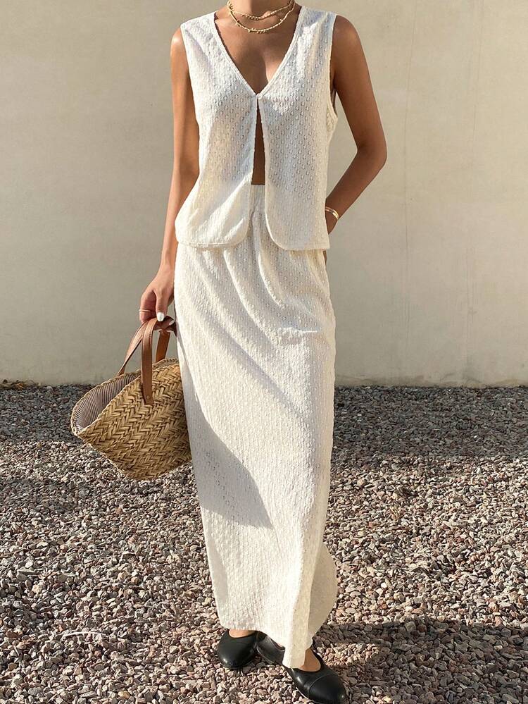 Women's Solid Color Textured Fabric Fitted Deep V Sleeveless Vest And Straight Long Skirt Casual Resort Beach Summer 2-Piece Set Boho