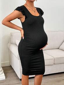 SHEIN 孕妇纯色短袖罗纹修身优雅连衣裙 - 黑色 - 查看 8