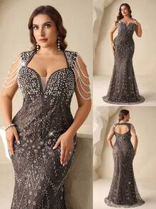 Coutiva Đầm dạ hội cỡ lớn, thanh lịch và sang trọng, cổ vuông đính sequin, hở lưng, thiết kế tua rua ngọc trai, chân váy đuôi cá – Một chiếc đầm trang trọng phù hợp cho khách dự đám cưới, lễ tốt nghiệp và lễ khai trương. - màu nâu - Xem 3