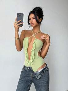 Aloruh Women's Spring/Summer Vacation Solid Green Romper With Ruffled Hem, Criss-Cross Spaghetti Straps, Backless Sexy Bodysuit - Green - View 4