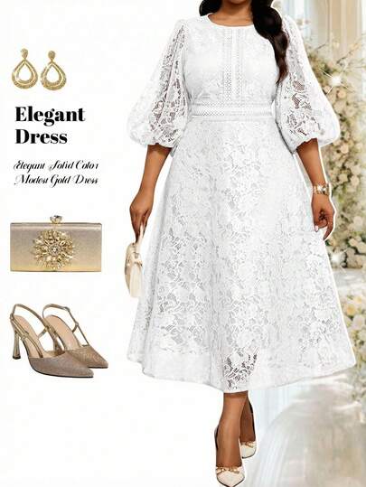Fleurora Plus Size White Lace Dress Plus Size Tea Party Dress Spring/Summer Dress, Shiny Dress, Suitable For Wedding, Formal Dinner, Cocktail Party, Graduation Ceremony, Birthday Party, Fashion Series Wedding Guest Dress, Elegant Dress Plus Size Tea Party Dress Mother's Day