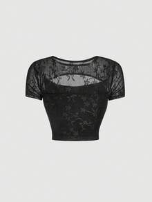 SHEIN MOD 女士圆领荷叶边蕾丝休闲日常短袖T恤 - 黑色 - 查看 3