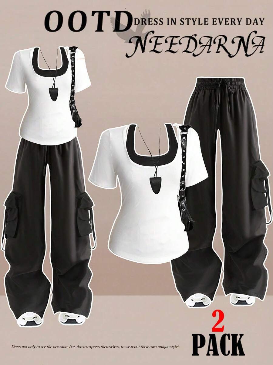 Flirla Plus Size Women Casual 2 In 1 T-Shirt + Black Utility Pants Set Ladies Casual Sets Pants And Top Set Summer Pants Sets For Women - Black and White - View 1