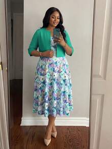 SHEIN CURVE+ Bộ áo khoác và váy màu xanh lá cây dáng rộng, thanh lịch, phù hợp cho đám cưới, hẹn hò, tiệc tùng và kỳ nghỉ. - Nhiều màu - Xem 3