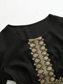 GlowEve Women's Elegant Split Sleeve Glittering Floral Lace Trim Dress With Tie Waist Fall Cloth - Black - View 5