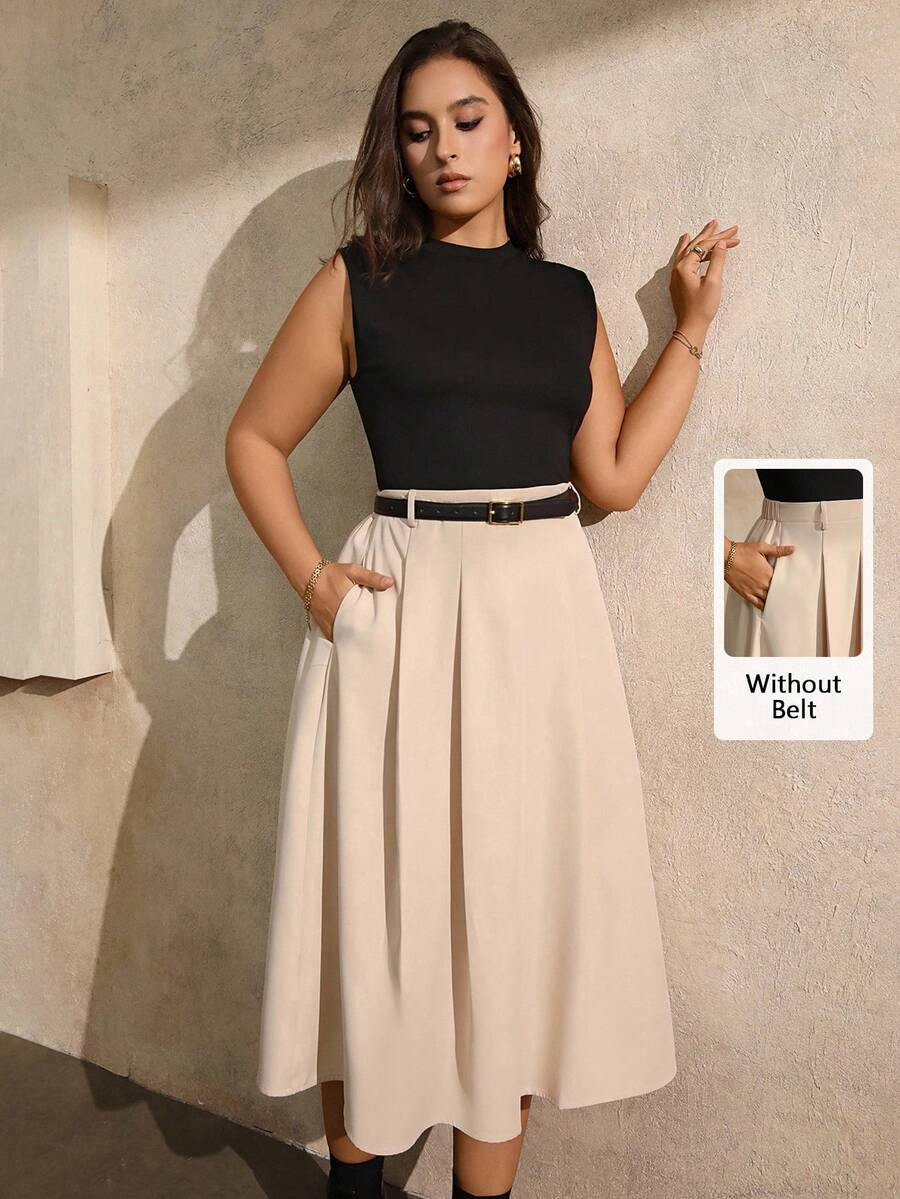 Juhart 双色拼色连衣裙，黑色上衣和卡其色下装 - 棕色 - 查看 1