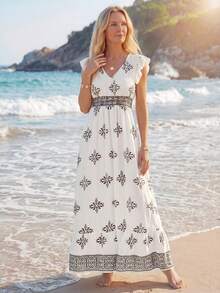 Sylviya V 领盖袖、收腰、荷叶边下摆连衣裙、休闲度假装 - 杏色 - 查看 3