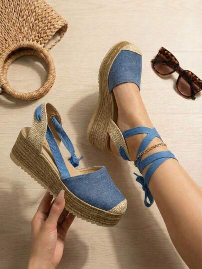 Sandalias tipo alpargata con plataforma de moda para mujer con tiras anudables, diseñadas especialmente para quienes buscan combinar comodidad y moda en cada paso, estas sandalias son la opción perfecta para la primavera y el verano, o para lucir un look bohemio en cualquier época del año.