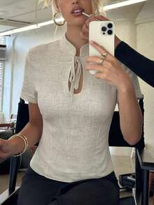 Siren Gaze 女士棉麻短袖衬衫，春夏新品 - 杏色 - 查看 6