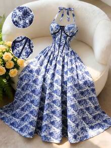 Qadelle Elegant Floral Print Backless Halter Dress, Summer - White - View 8