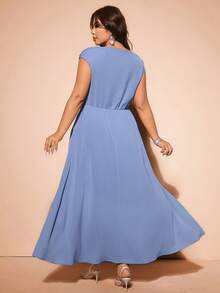 Cravure Plus Size Women's Long Satin Dress, Asymmetric Neckline 3D Design, Elegant For Parties, Afternoon Tea, Weddings, Green Color - Blue - View 2