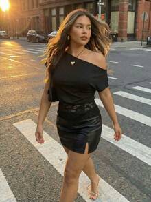 SHEIN ICON 大码女式蕾丝拼接斜肩上衣 - 黑色 - 查看 1