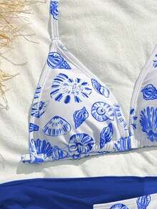 SHEIN Bộ bikini in hoa thời trang dễ thương cho bé gái tuổi teen, thích hợp đi biển, hồ bơi, dự tiệc, kỳ nghỉ, bộ đồ bơi ba mảnh mùa xuân/hè. Đồ bơi hai mảnh in hoa màu xanh trắng cho bé gái, bộ bikini cạp cao, bộ bikini kín đáo, trang phục mùa hè cho bé gái, đồ bơi cho thiếu nữ, bộ đồ bơi hai mảnh mùa hè cho bé gái, bộ đồ phối hợp cho bé gái mùa hè, trang phục mùa hè, đồ bơi in hình vỏ sò, bộ bikini buộc cổ, đồ đi biển có áo khoác ngoài. - Màu xanh lam - Xem 3