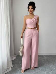 Elenzga 女士粉色竹编结单肩吊带花卉装饰设计露脐上衣，优雅职业装，活力四射的嘉年华、劳动节、复活节、返校派对、春季上衣搭配夏季裤装，春夏新款时尚必备小众设计百搭女士优雅两件套 - 粉色 - 查看 7