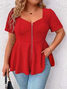 Elenzga Scoop Neck Short Sleeve Zip Up Ruffle Hem Casual Elegant Plus Size Women Blouse - Red - View 1