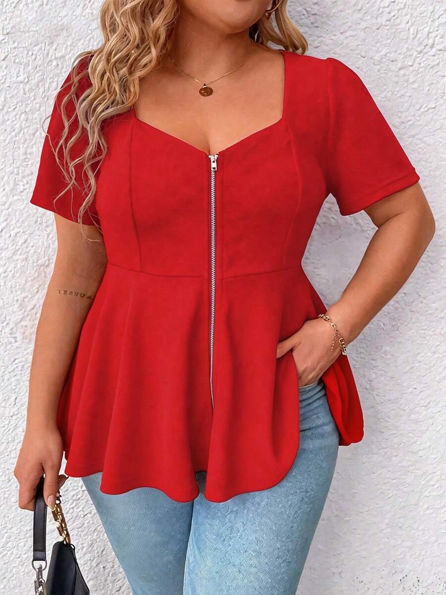 Elenzga Scoop Neck Short Sleeve Zip Up Ruffle Hem Casual Elegant Plus Size Women Blouse - Red - View 1
