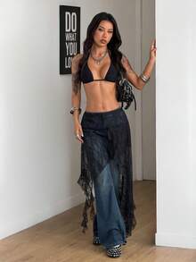 Coolane 女士夏季Y2K时尚外出度假装蕾丝弹力舒适荷叶边黑色半身裙 - 黑色 - 查看 6