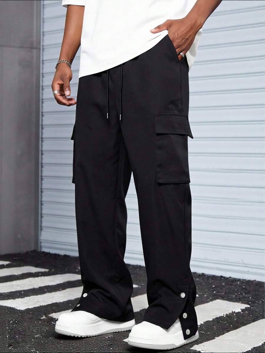 Manfinity Homme Quần cargo nam màu trơn, cạp chun, dáng rộng, kiểu dáng thường ngày. - màu đen - Xem 1