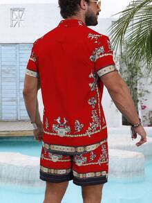 VENTUSAIL Men's Leisure Vintage Print Short Sleeve Shirt And Shorts Set, Holiday - Red - View 2