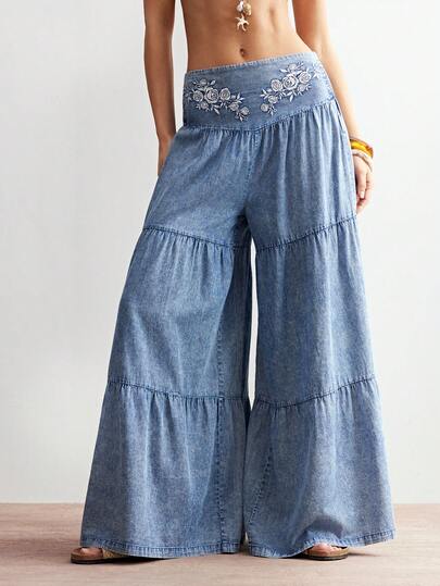 Bohemela Pantaloni largi din denim pentru femei, țesături, casual