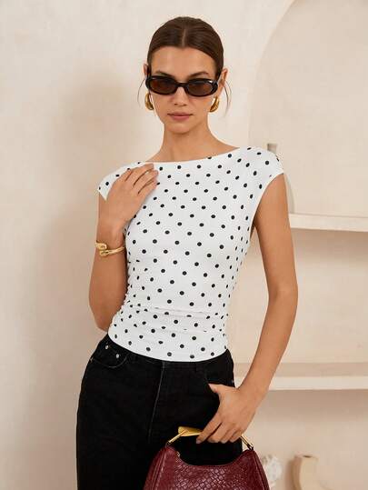 Lymera Spring/Summer New Women's Fashion Casual Versatile White Base Black Polka Dot Print Soft Comfortable High Stretch Waist Ruched Fitted T-Shirt