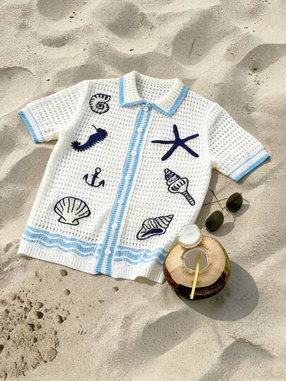 ROMWE MEN Casual Áo khoác cardigan nam dệt kim khoét rỗng thêu hình đại dương